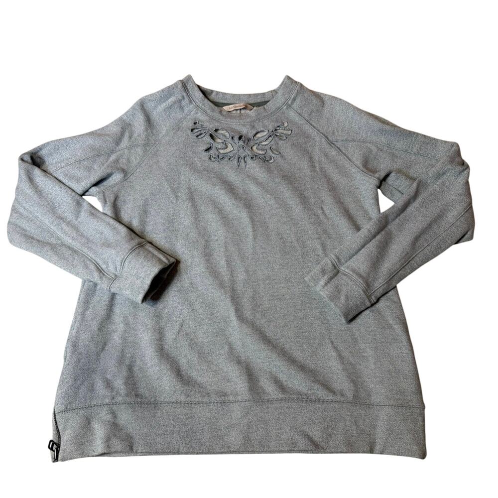 Soft Surroundings Eyelet Cut Out Crew Neck Light Blue Sweatshirt W/ Zipper Med
